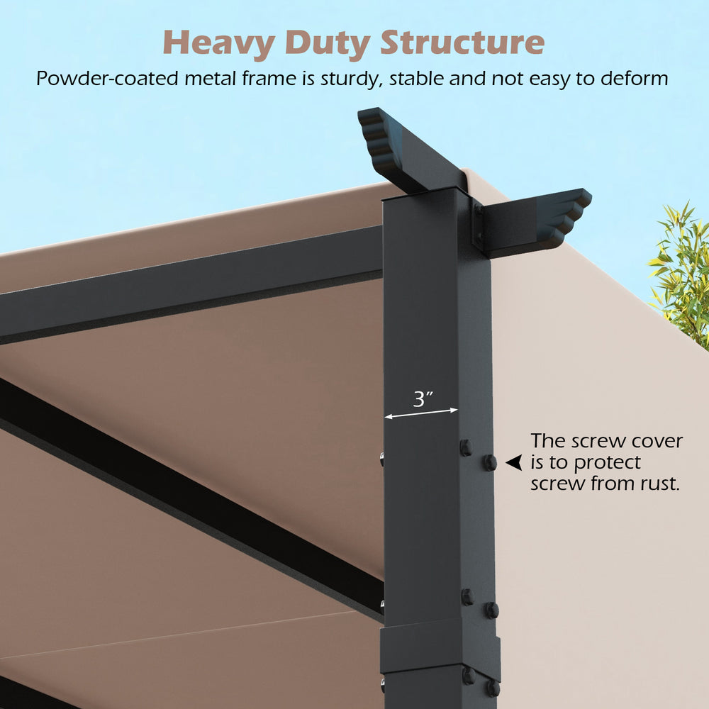 Close-up of the 3" powder-coated metal frame of the 10 x 10 ft pergola, showcasing its sturdy and stable design.