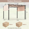 Dimensions of the 10 x 10 ft beige flat top pergola with retractable canopy, ideal for garden and backyard use.