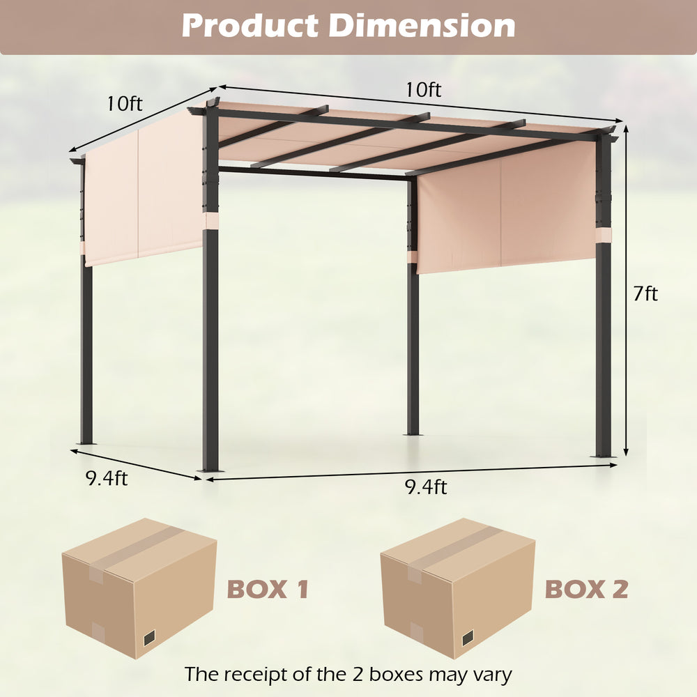 Dimensions of the 10 x 10 ft beige flat top pergola with retractable canopy, ideal for garden and backyard use.