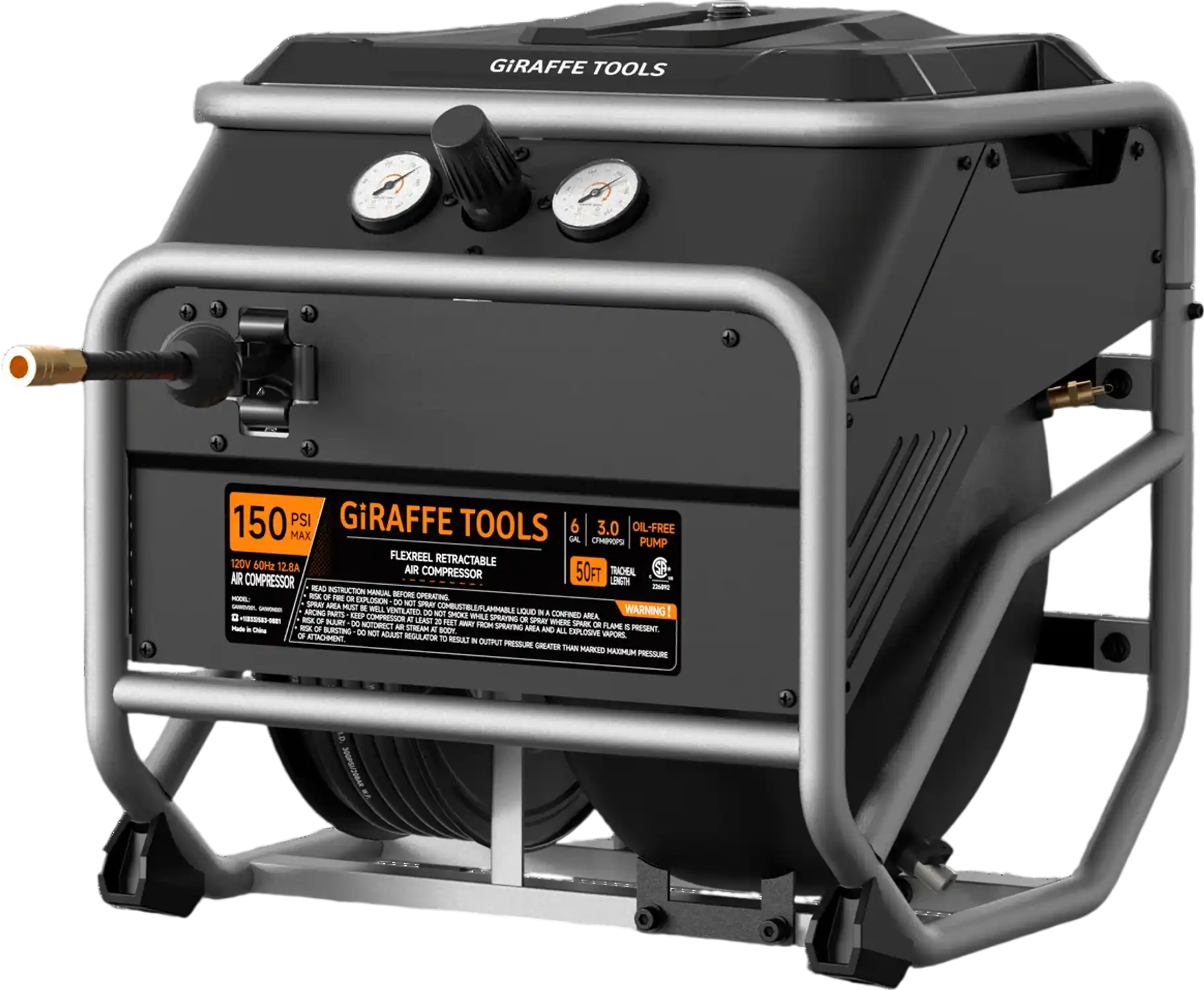 Giraffe Tools FlexReel Retractable Air Compressor 6 gal 2.0 HP 150 PSI New