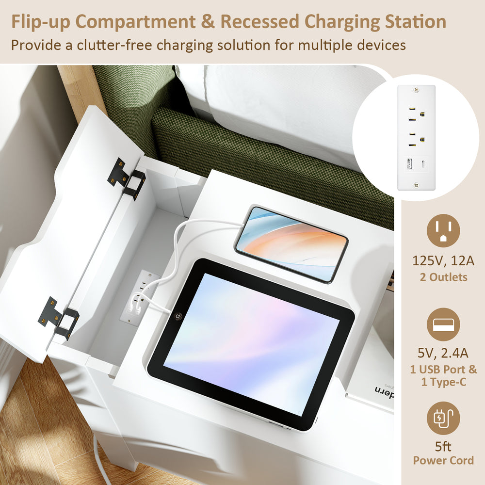 Flip top end table in white featuring a recessed charging station with USB ports and outlets for convenient device.