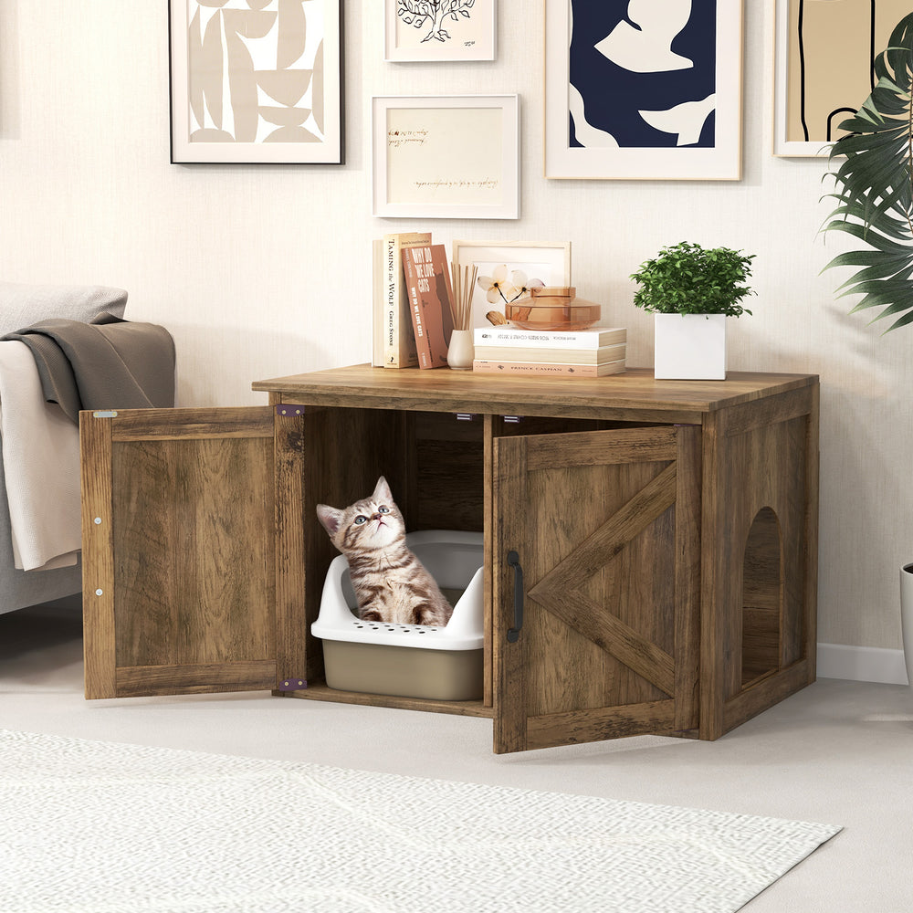 Rustic flip top hidden cat washroom furniture with double barn doors, featuring a removable divider for versatile use.
