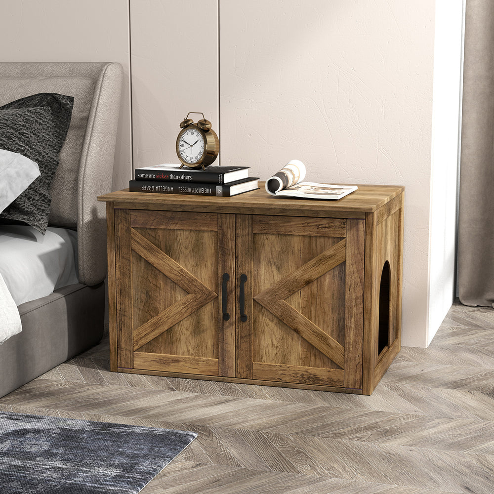 Rustic wooden cat washroom furniture with double barn doors, flip top design, and removable divider for easy access.