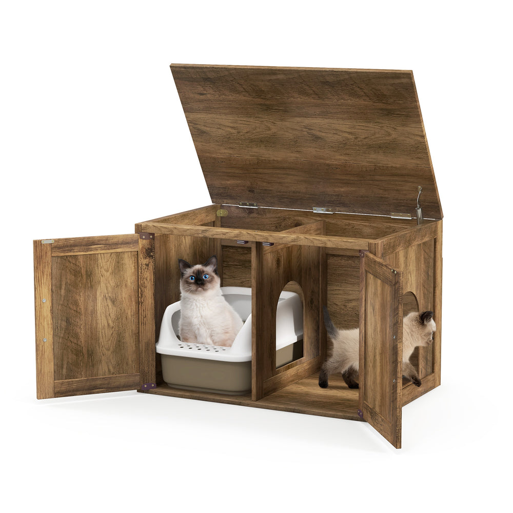 Hidden cat washroom furniture with double barn doors, removable divider, and flip top design for easy cleaning.
