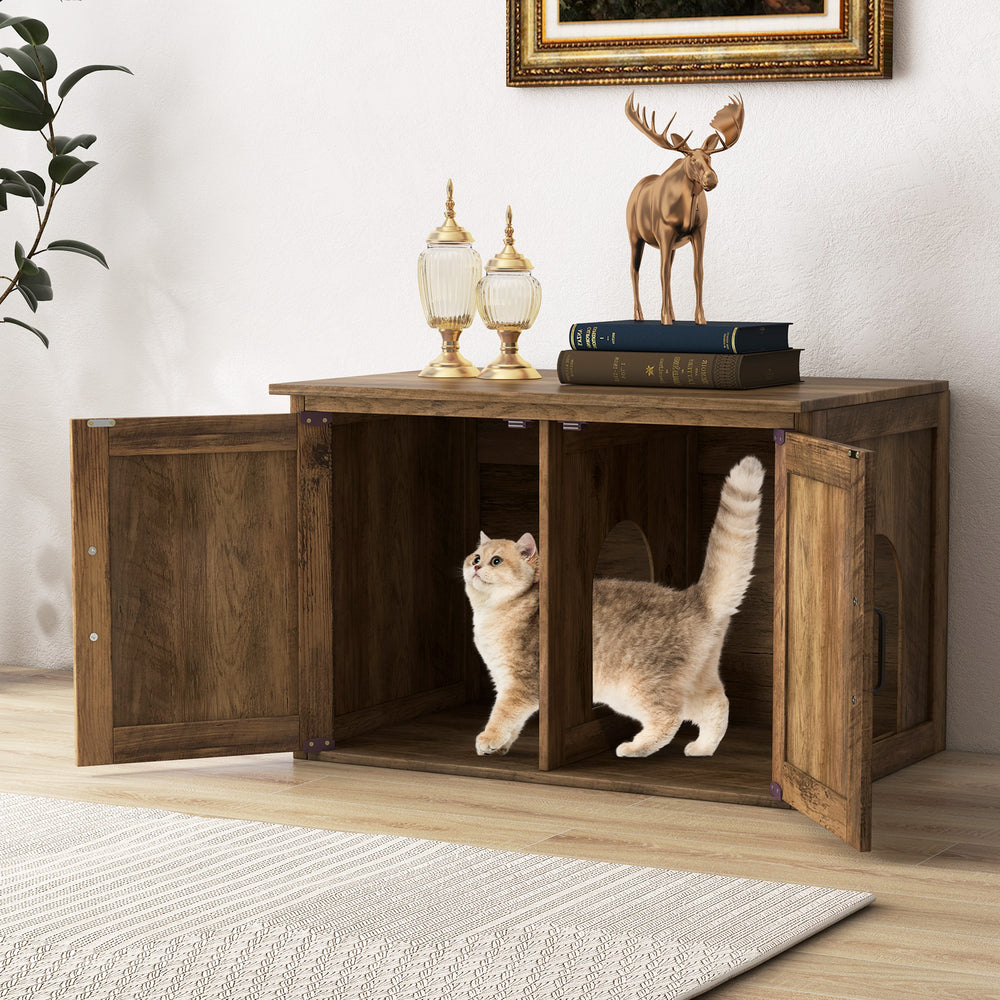 Rustic cat washroom furniture with double barn doors, featuring a side entrance for easy feline access and cleaning.