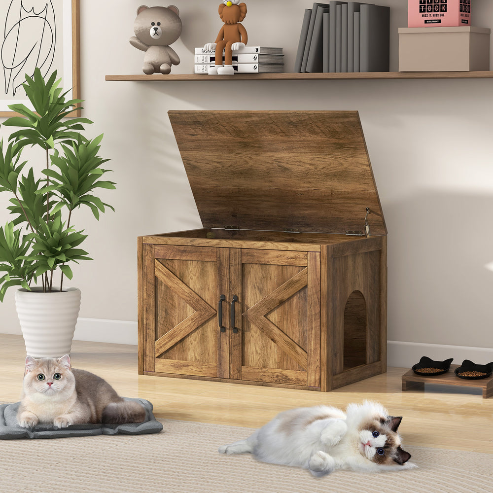Rustic flip top cat washroom furniture with double barn doors, removable divider, and side entrance for easy access.