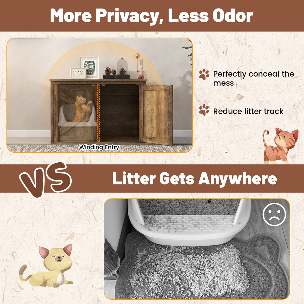 Flip top hidden cat washroom furniture with double barn doors, perfect for concealing litter boxes and reducing odors.