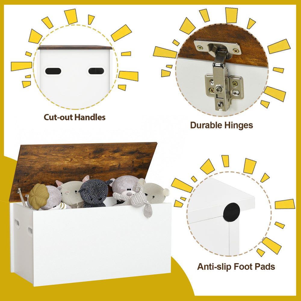 Flip-top storage chest in white with a rustic brown lid, featuring durable hinges and cut-out handles for easy access.