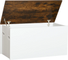 White flip-top storage chest with rustic brown lid, ideal for toys and shoes, supports up to 200 lbs for versatile use.