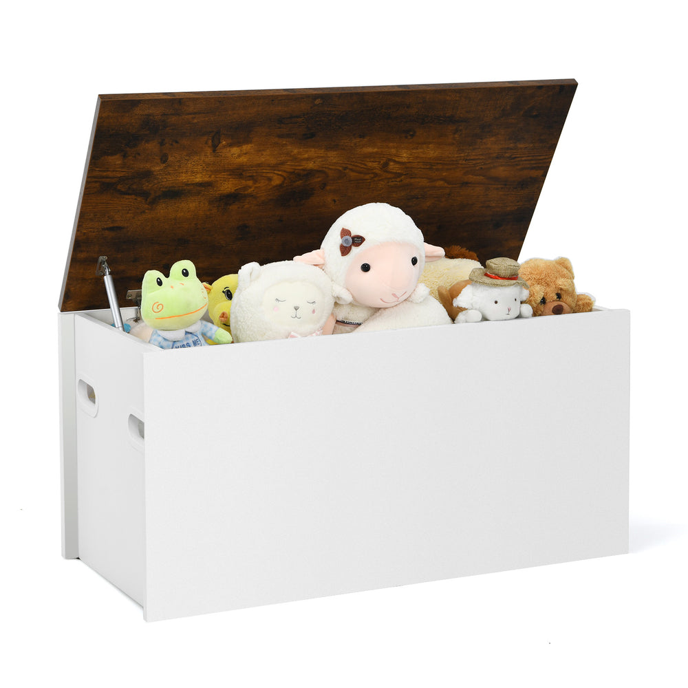 Flip-top storage chest in white with rustic brown lid, ideal for organizing kids' toys and clothes in any room.