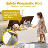 Flip-top storage chest in white with a rustic brown lid, featuring a safety pneumatic rod for kids' toy organization.
