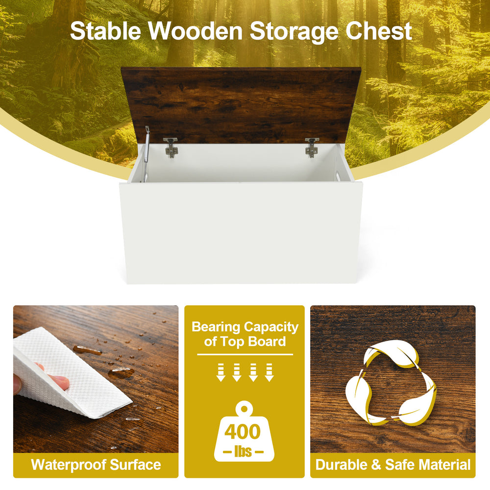 White flip-top storage chest with rustic brown lid, sturdy design supports 200 lbs, ideal for kids' toys and.