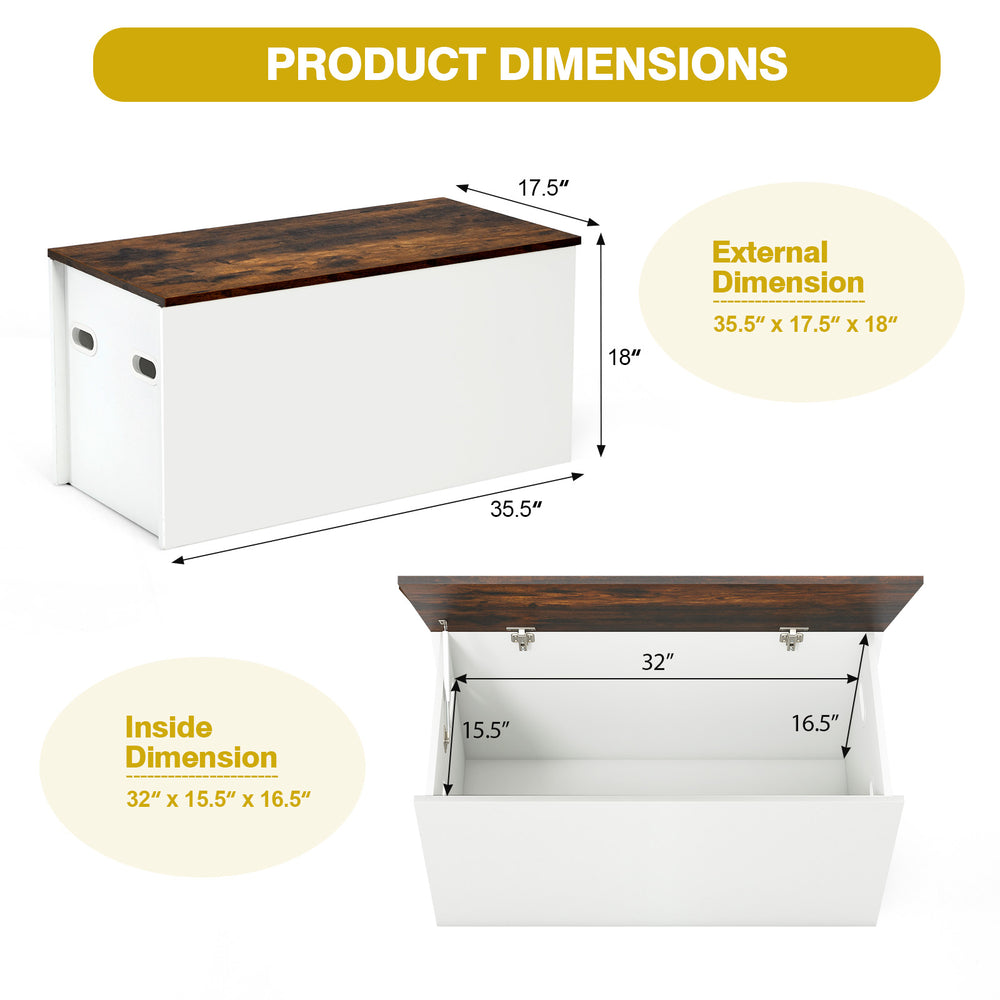 Flip-top storage chest in white with rustic brown lid, dimensions 35.5" x 17.5" x 18", ideal for toy storage and.