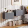 Gray wall-mounted floating nightstand featuring a wide tabletop and two drawers, perfect for bedside essentials and.