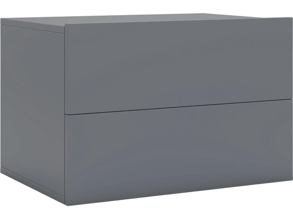 Gray floating nightstand with two storage drawers, wall-mounted design for space-saving bedroom organization.