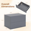 Gray floating nightstand with two storage drawers, featuring overall dimensions for wall-mounted bedroom use.