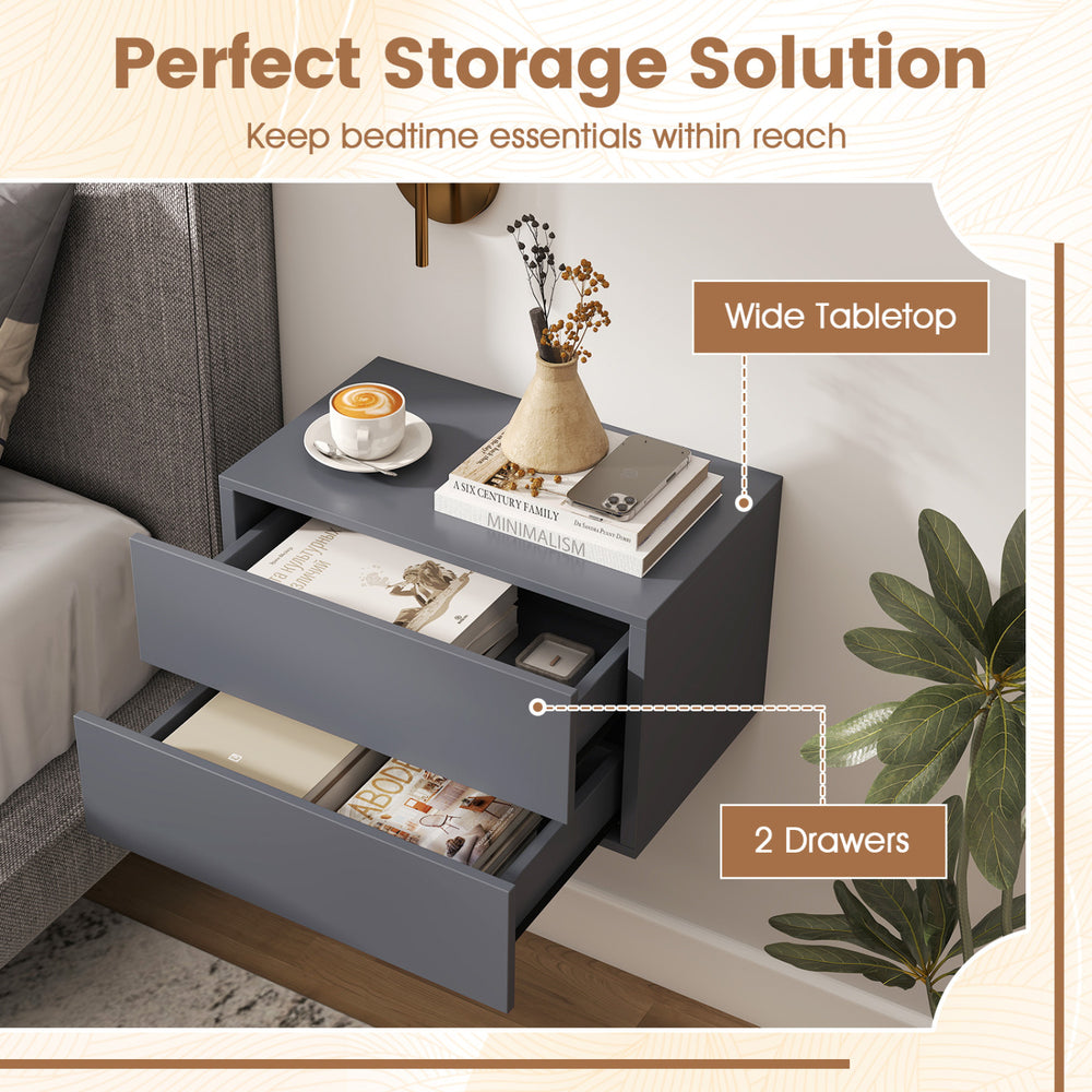 Floating nightstand in gray with 2 drawers and wide tabletop, ideal for bedroom storage and easy cleaning.