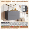 Floating gray nightstand with two storage drawers, wall-mounted design for space-saving in bedroom or living room.