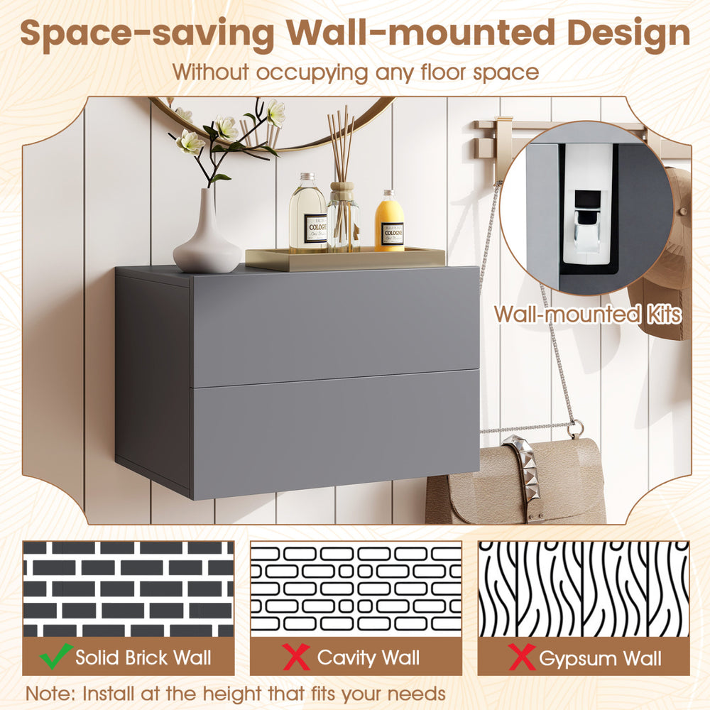 Floating gray nightstand with two storage drawers, wall-mounted design for space-saving in bedroom or living room.