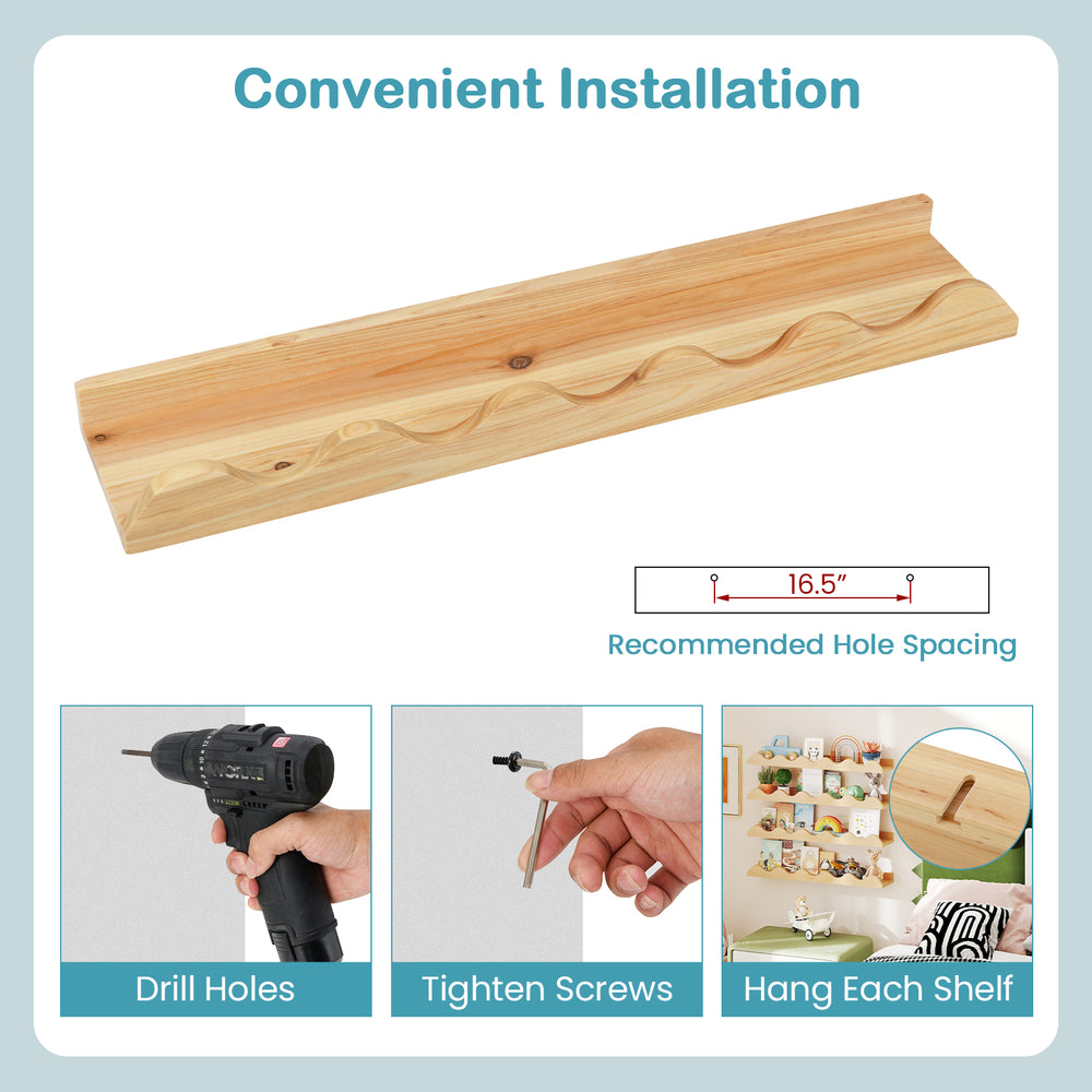 Wave-shaped natural fir wood picture ledge shelf for kids' rooms, showcasing installation steps and recommended hole.