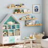 Kids bookshelf set of 4 wall-mounted ledges in natural fir wood, ideal for displaying toys and books in a nursery.