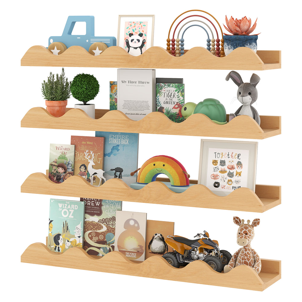 Natural fir wood 24-inch kids bookshelf set of 4 with wave-shaped edges, ideal for displaying books and toys in.
