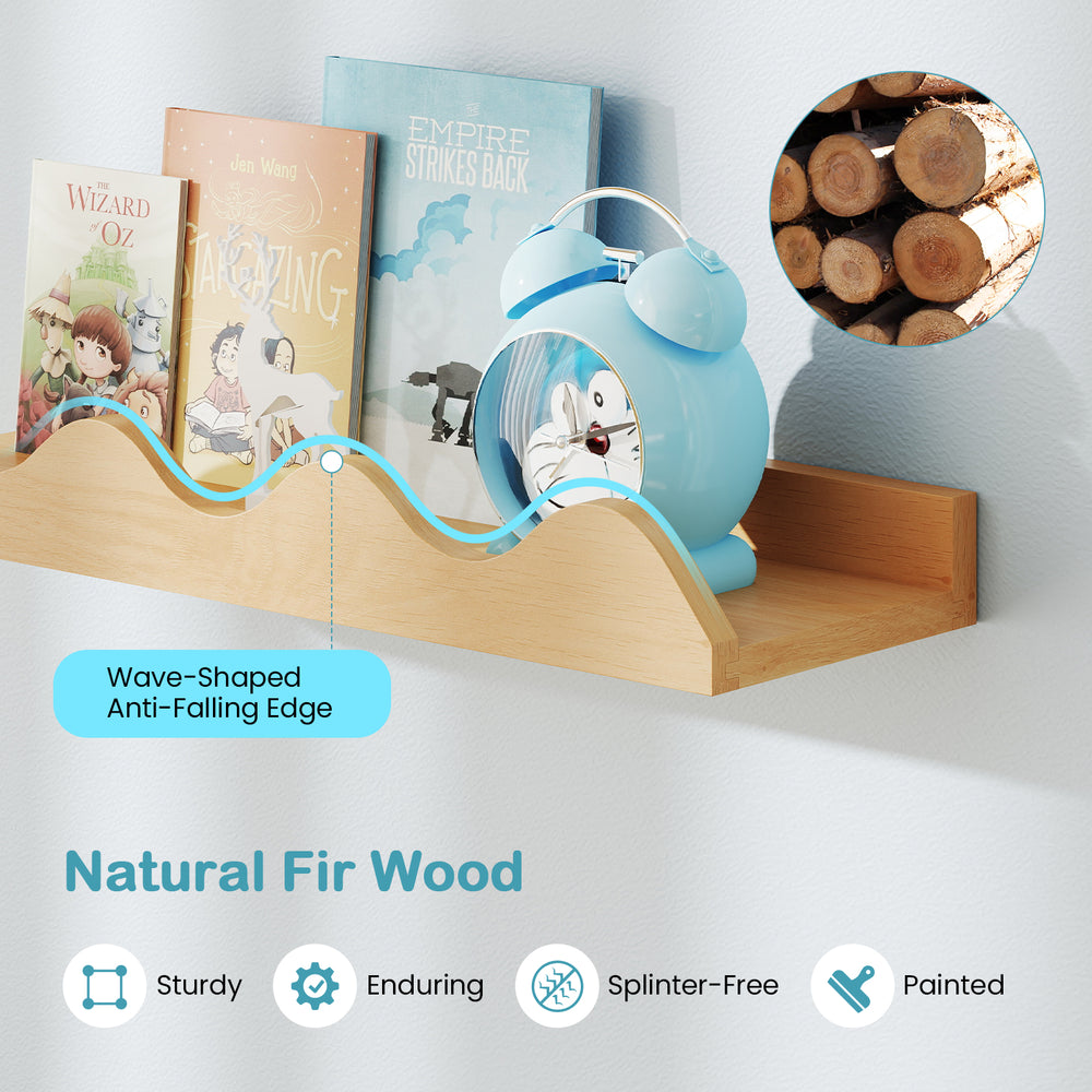 Wave-shaped 24-inch kids bookshelf made of natural fir wood, perfect for displaying books and toys in playrooms.