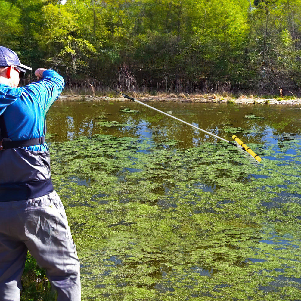 Floating Weed Lake Rake 36” with foam floats, shown in use for aquatic weed removal in a pond.