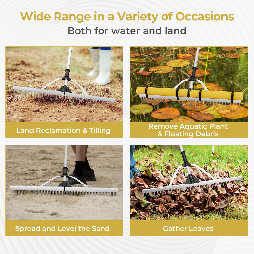 Floating Weed Lake Rake with 36-tine head and foam floats for aquatic weed removal and lawn care versatility.