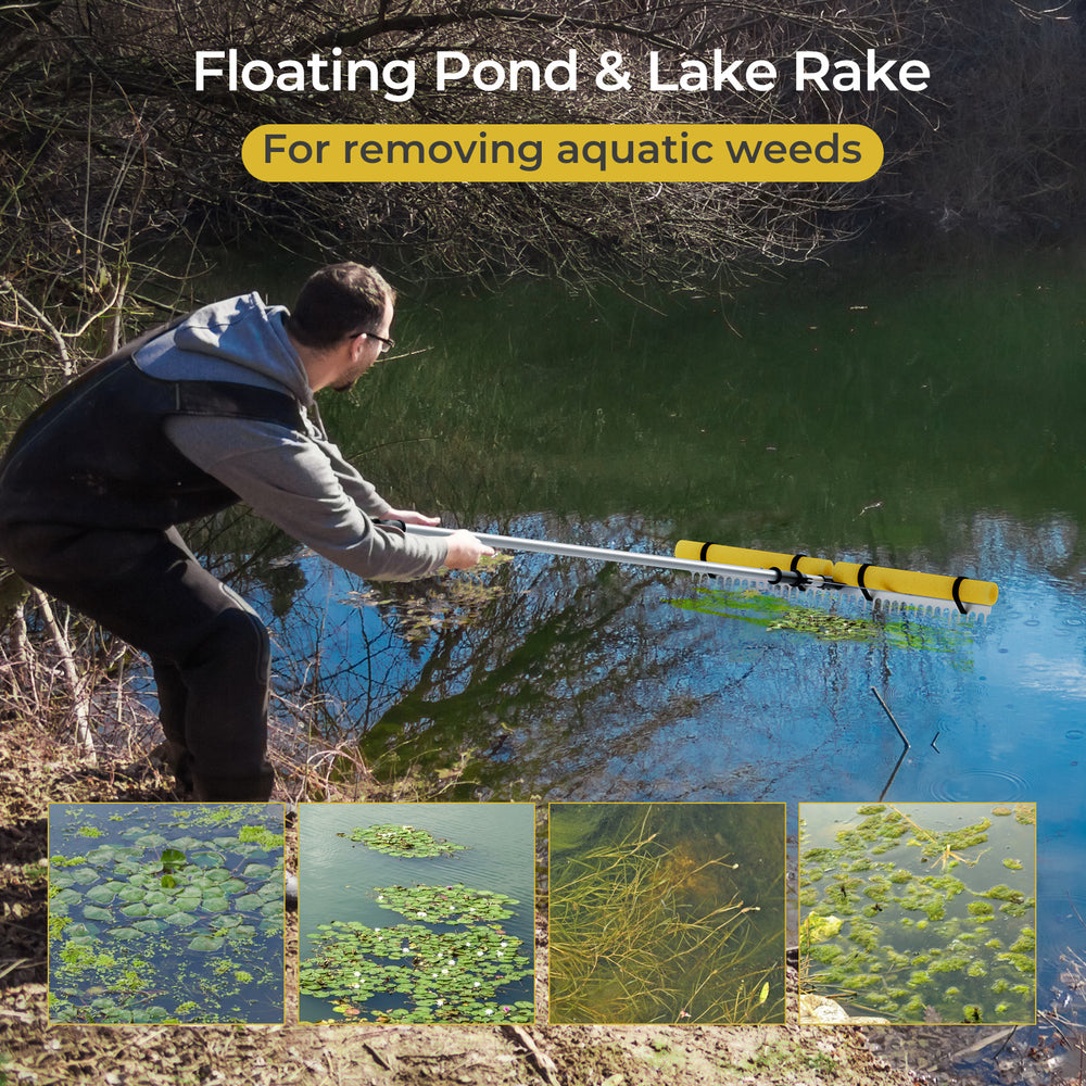 Floating weed lake rake with 36-tine head and foam floats, ideal for removing aquatic weeds from ponds and lakes.