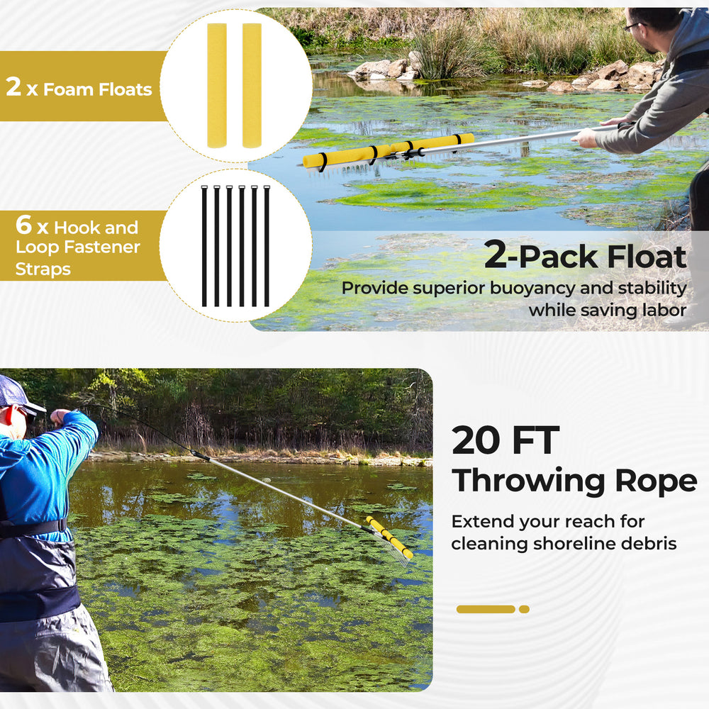 36-inch aquatic pond weed cutter with foam floats and 20 ft throwing rope for effective shoreline cleaning.