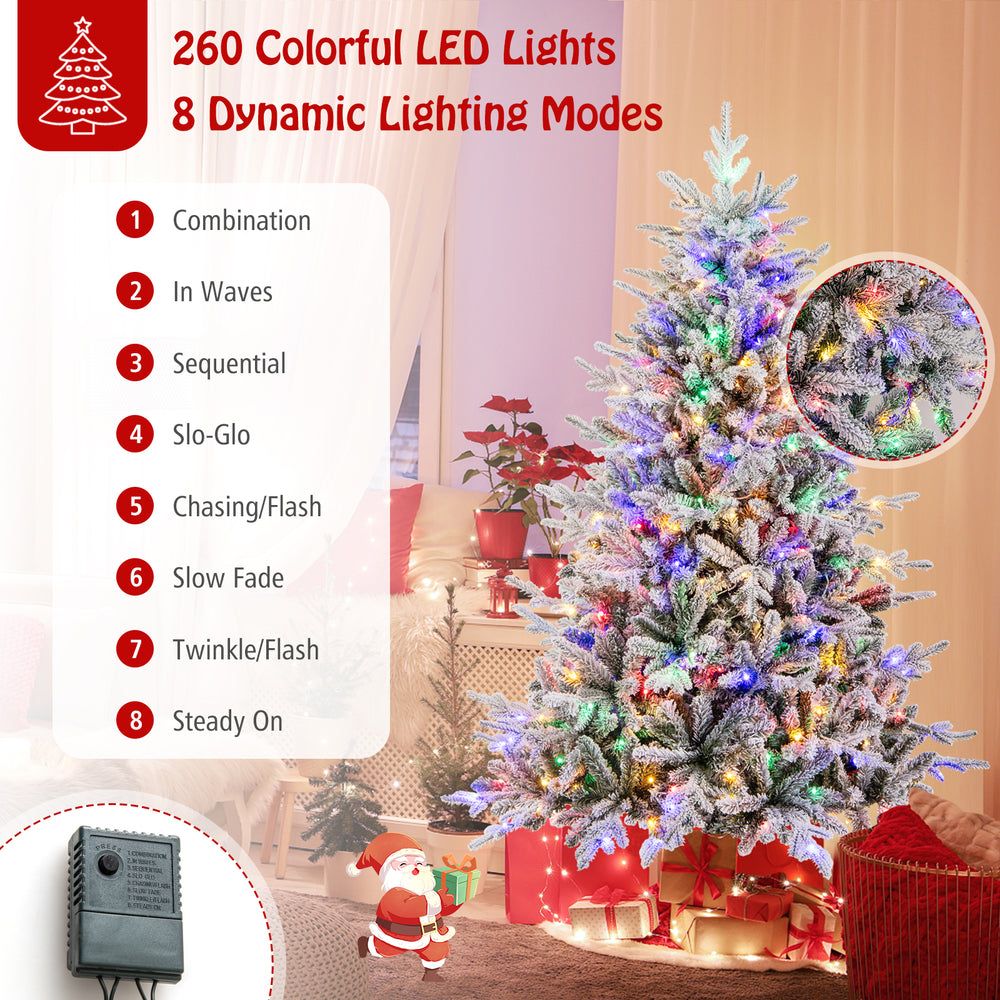 6 feet flocked Christmas tree with 260 multi-color LED lights and 8 dynamic lighting modes for festive decoration.