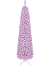 Flocked pink pencil Christmas tree, 6/7 FT tall, pre-lit with 140 warm white LED lights and 8 lighting modes for festive decor.