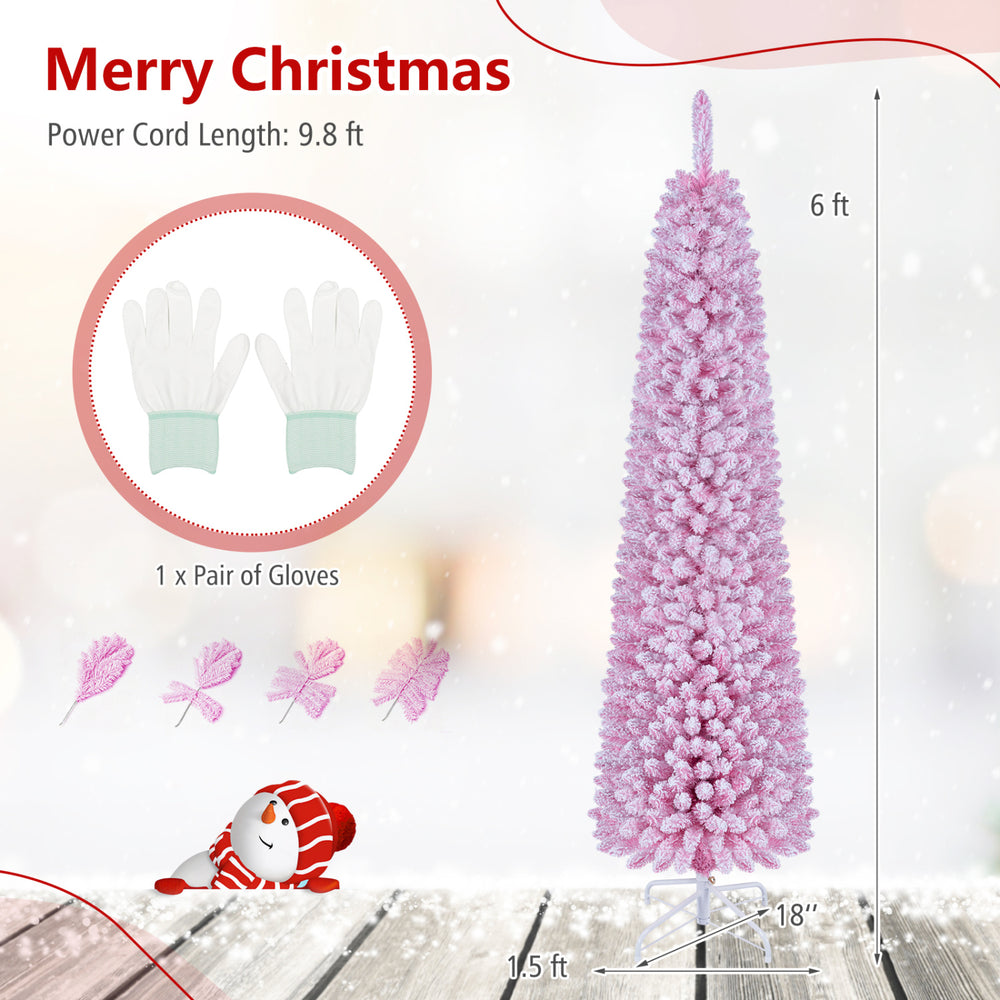 Flocked pink pencil Christmas tree, 6 ft tall with 140 warm white LED lights and 8 modes, perfect for holiday decor.