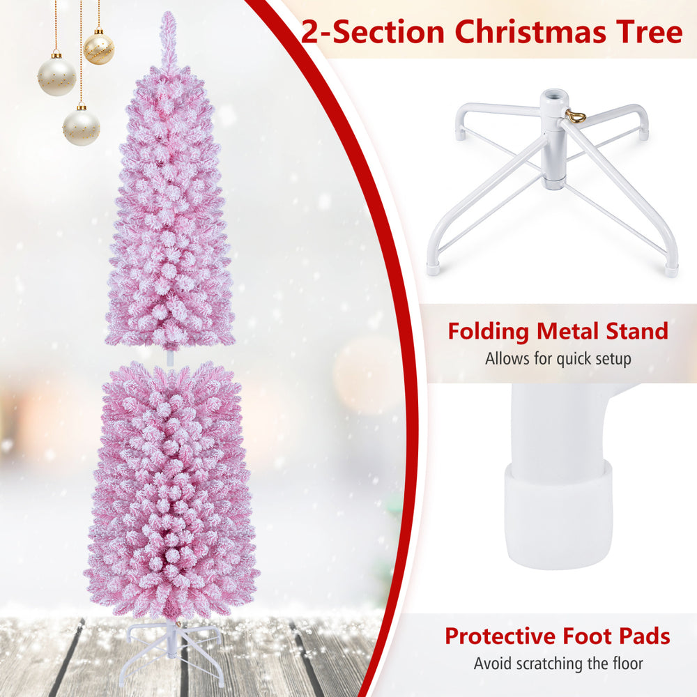 Flocked pink pencil Christmas tree with 140 warm white LED lights and folding metal stand for easy setup and storage.