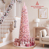 Flocked pink pencil Christmas tree, 6/7 FT tall, pre-lit with 140/190 warm white LED lights for festive holiday decor.