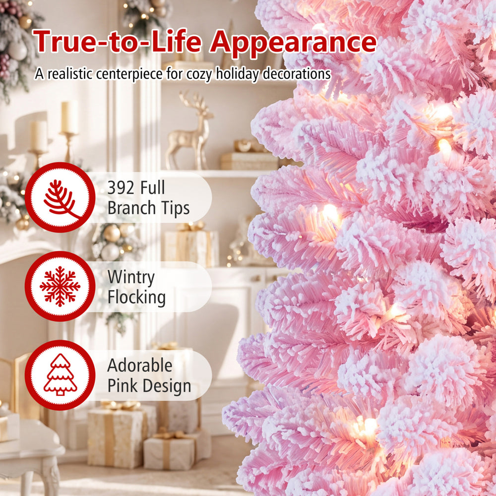 Adorable pink 6/7 FT flocked pencil Christmas tree with 392 branch tips and 140 warm white LED lights for festive decor.