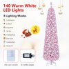 Flocked pink Christmas tree with 140 warm white LED lights and 8 lighting modes, perfect for festive holiday decor.