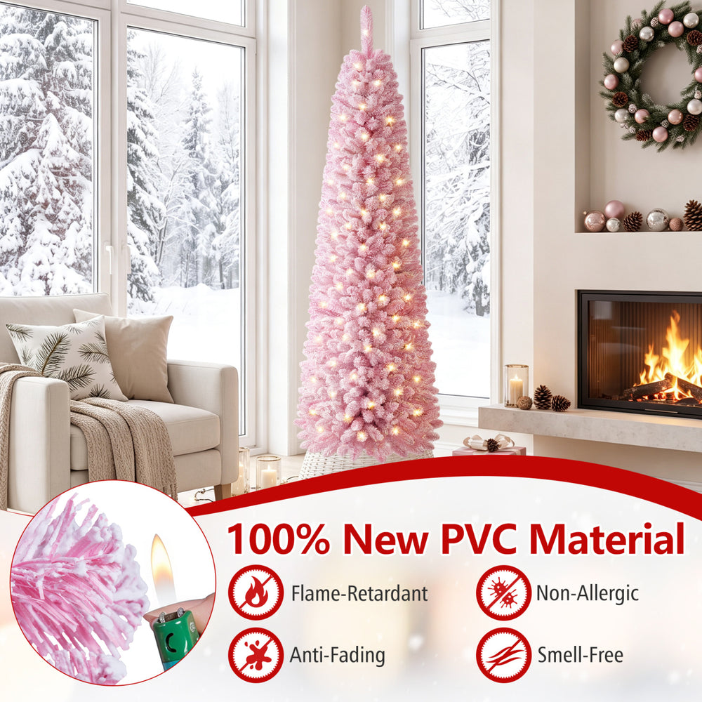 Flocked pink Christmas tree with 140 warm white LED lights, 8 modes, and flame-retardant PVC material for holiday decor.