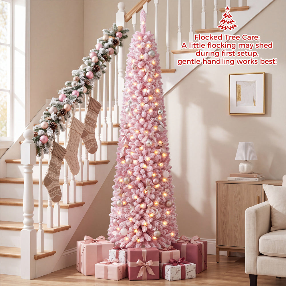 Flocked Pencil Christmas Tree with 8 Modes Pre-Lit Artificial Fir Xmas Tree-7 FT - Gallery View 1 of 10