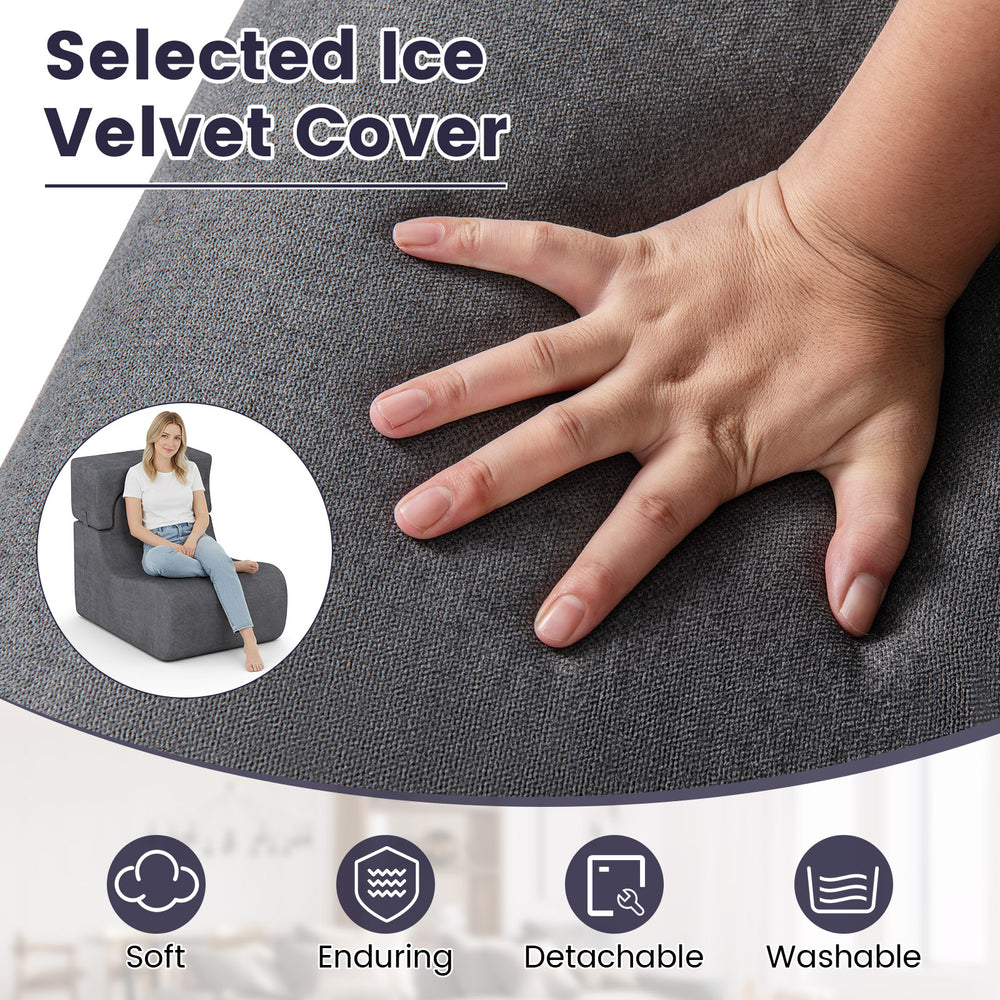 Close-up of the gray ice velvet cover of the Floor Chair Lazy Sofa, featuring a removable and washable design for easy.