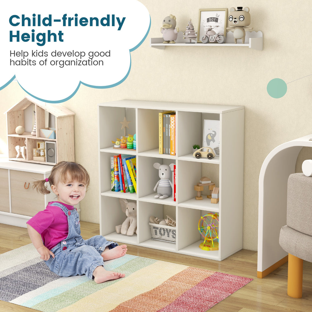 Wooden kids bookcase with storage cubbies, designed for child-friendly height, ideal for organizing toys and books.