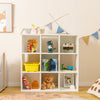 Wooden kids bookcase with storage cubbies in white, featuring toys and books, ideal for organizing in children's rooms.