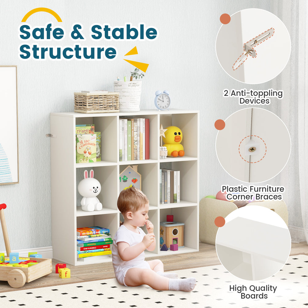 Wooden kids bookcase with storage cubbies in white, featuring anti-toppling devices for safety and stability in.