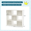 Wooden kids bookcase in white with 9 storage cubbies, anti-toppling devices, and kid-friendly height for easy access.