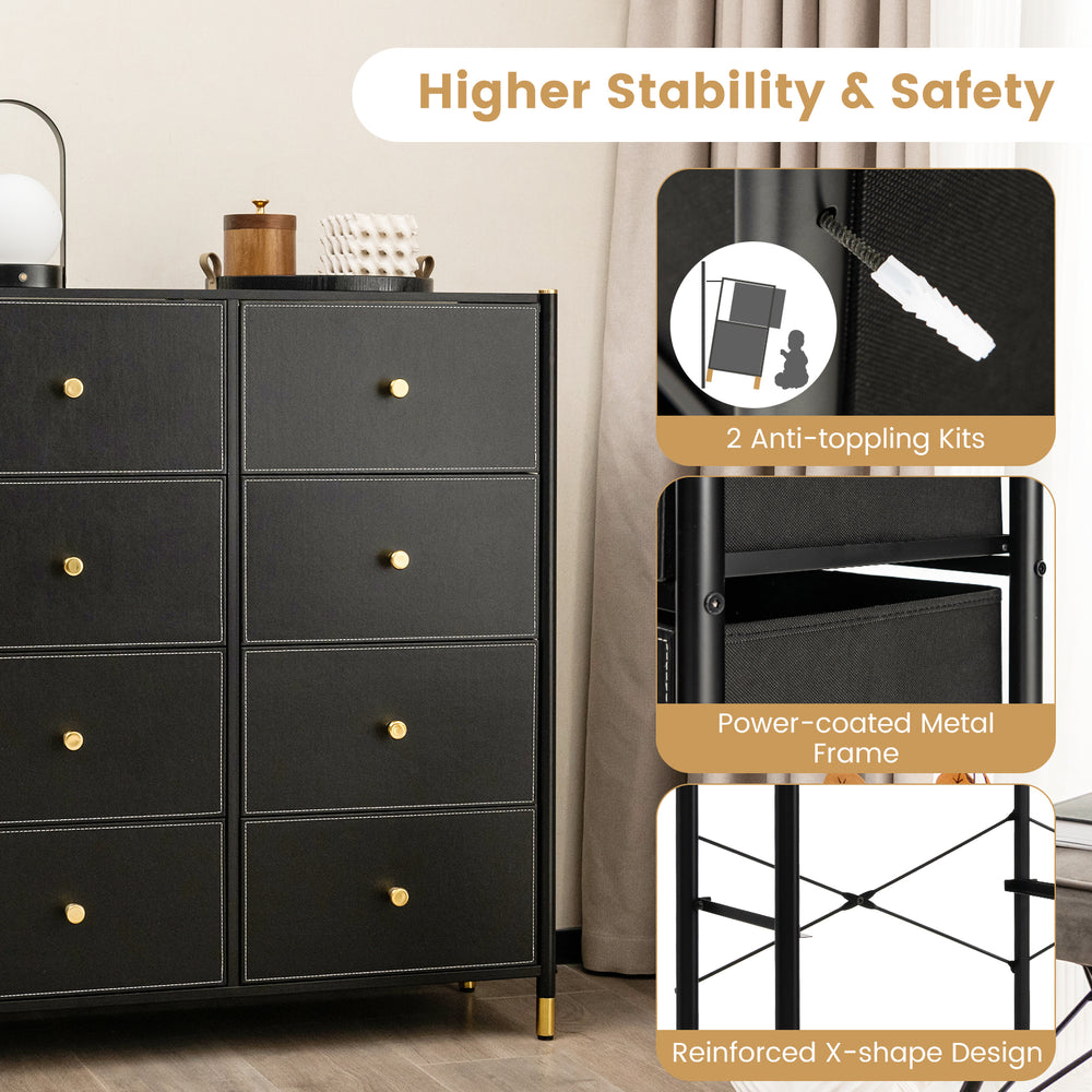 Close-up of the 8-drawer floor dresser with a sturdy metal frame and anti-toppling kits for enhanced safety and.