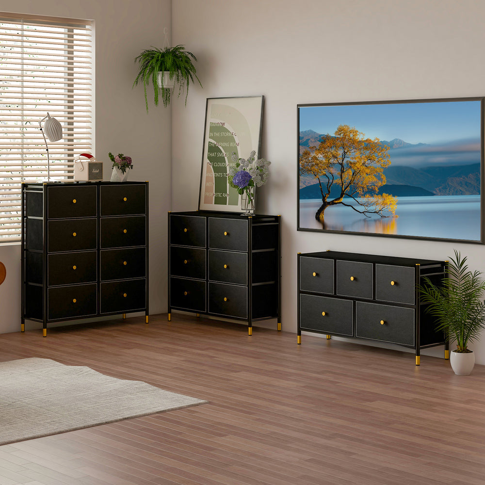 8-drawer floor dresser storage organizer in black with gold knobs, perfect for modern living room or bedroom decor.