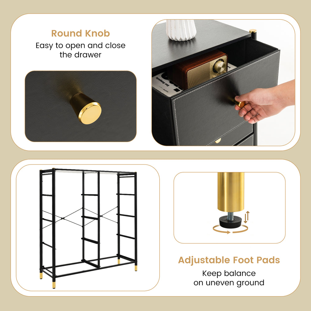 Round knob detail of the 8-drawer floor dresser storage organizer with a sturdy metal frame, ideal for home use.