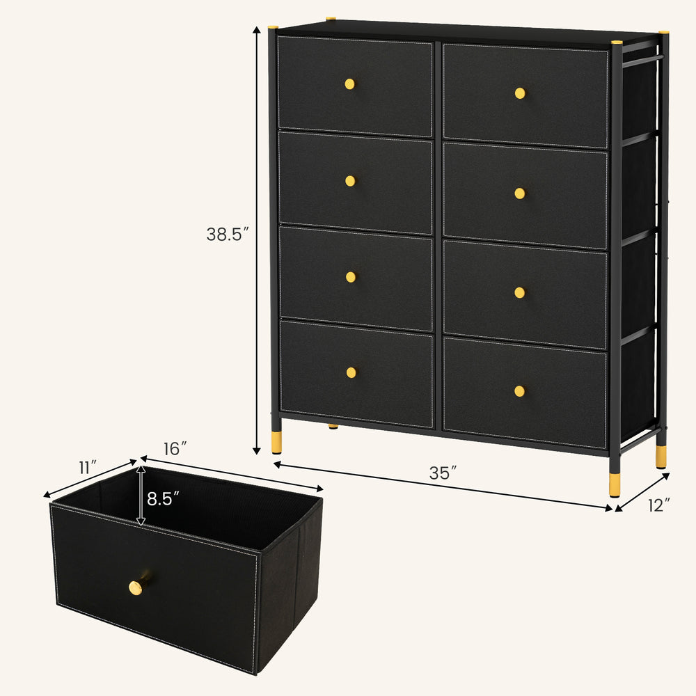 8-drawer floor dresser storage organizer with fabric bins and metal frame, ideal for living room or bedroom use.
