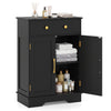 Black floor storage cabinet featuring a spacious countertop, drawer, and adjustable shelf for organized essentials.